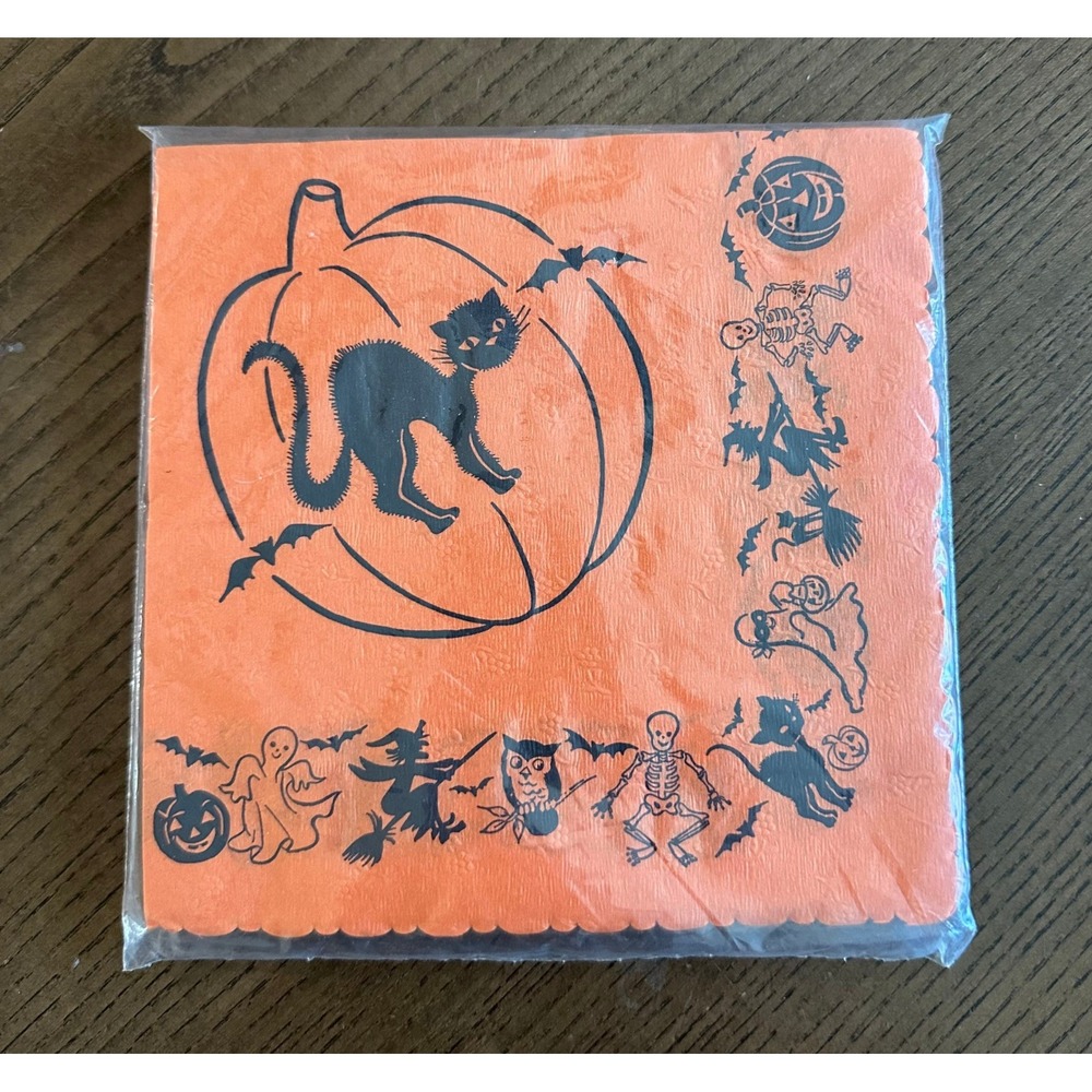 Vintage Festive Halloween Luncheon Napkins Black Cat Pumpkin 20ct Sealed Orange